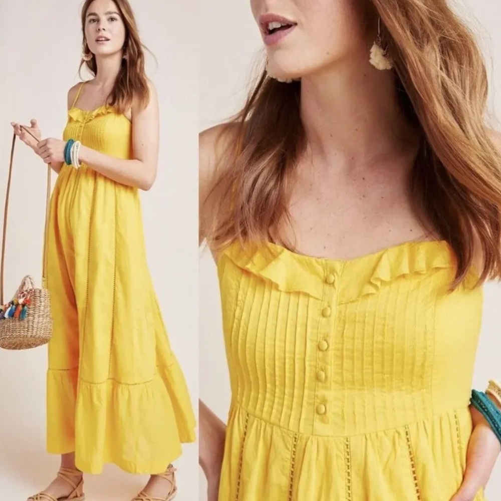 Anthropologie Maeve Arcadia Yellow Ruffled Dress Pintuck Maxi Sundress 2 XS